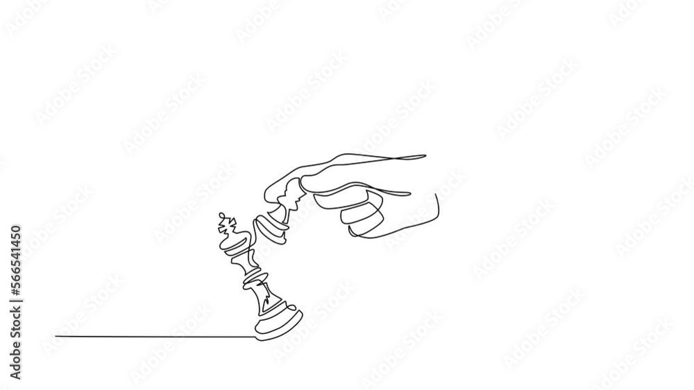 Poster animated self drawing of continuous line draw man hand holding chess pawn. male use pawn chess piece