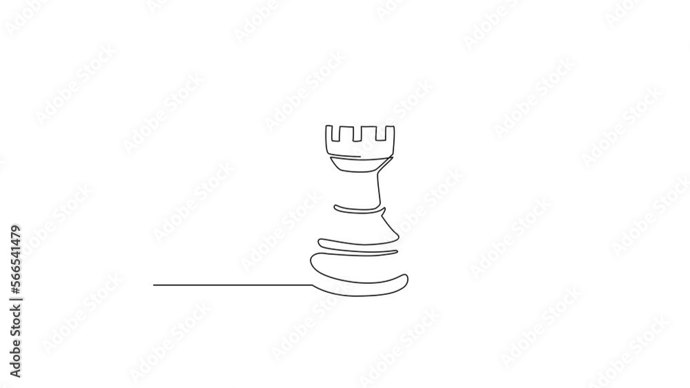 Poster animated self drawing of continuous line draw chess rook logo on white background. chess logo for we