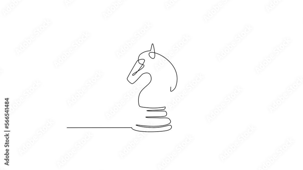 Poster animated self drawing of continuous line draw horse knight chess isolated on white background. chess