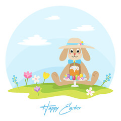 Easter Bunny cute cartoon character in a hat, sitting on the green grass with a flowers, holding color eggs and easter cake. Vector illustration in flat style
