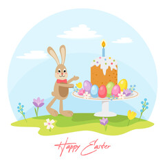 Easter Bunny cute cartoon character with a big easter cake, a flowers and eggs, on the green grass. Vector illustration in flat style
