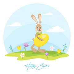 Easter Bunny cute cartoon character with a flowers and a big yellow egg on the green grass. Vector illustration in flat style