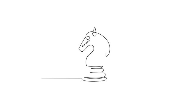 Animated self drawing of continuous line draw horse knight chess isolated on white background. Chess logo for web site, app and print presentation. Creative art concept. Full length one line animation