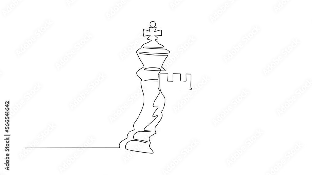 Poster self drawing animation of single one line draw rook and king chess logo. set of emblems and signs fo