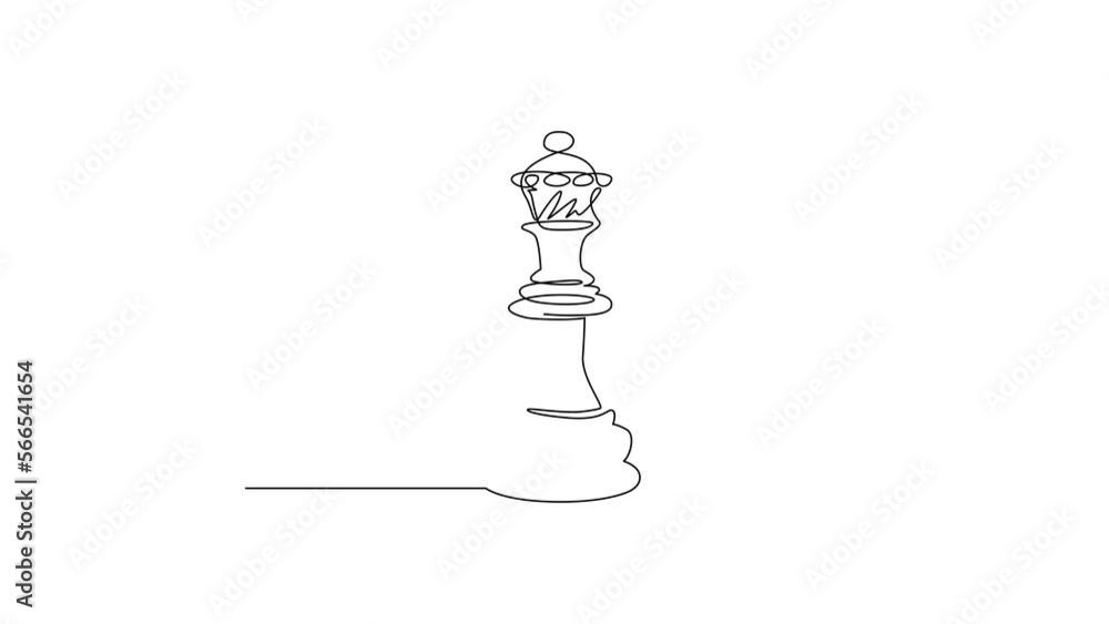 Poster animated self drawing of continuous line draw chess queen isolated on white background. chess logo f