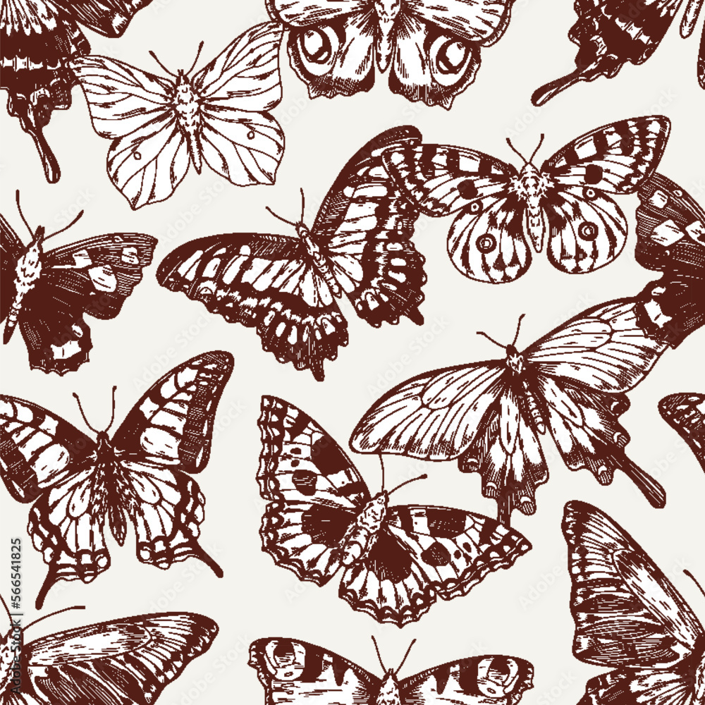 Poster butterflies drawing print, seamless pattern. endless repeating background with flying winged moths. 