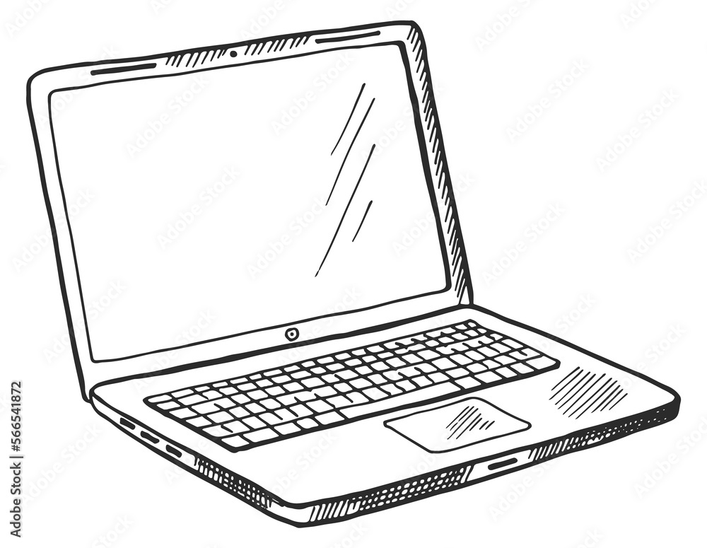 Aufkleber Laptop sketch. Open computer with blank screen in hand drawn style