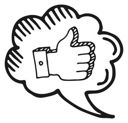 Thumb up chat message in hand drawn style. Ok speech cloud