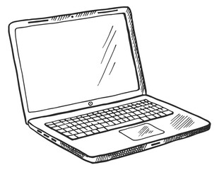 Laptop sketch. Open computer with blank screen in hand drawn style - obrazy, fototapety, plakaty