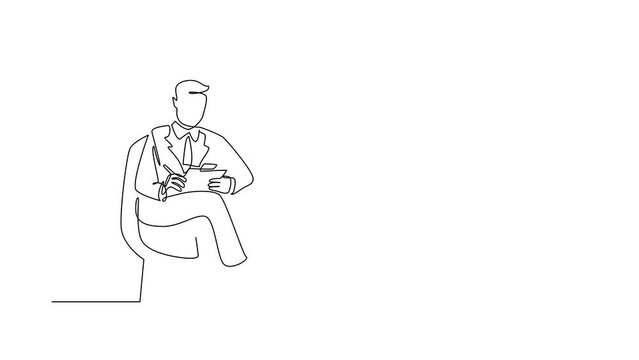 Self drawing animation of single line draw young businessman with clipboard. Male executive sitting in armchair. Man taking notes. Psychology consultation. Continuous line draw. Full length animated