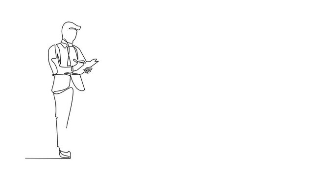 Self drawing animation of single line draw male office writing with clipboard. Smart man in elegant wear, assisting in paper work. Business workwear trend. Continuous line draw. Full length animated