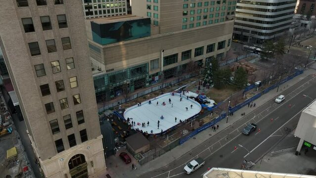 Aerial View Of Downtown Denver Ice Rink Next To Daniels And Fisher Tower