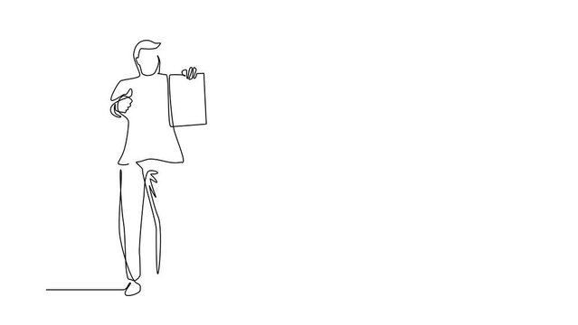Animated self drawing of continuous line draw businessman wearing suit holding clipboard, making or showing thumbs up gesture or sign. Person keeping file pad in hand. Full length one line animation