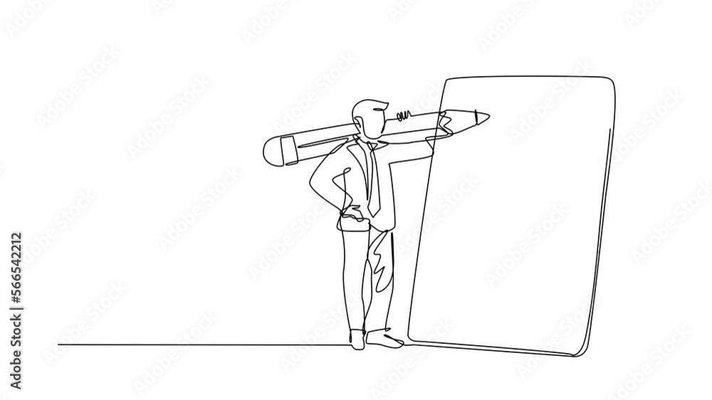 Aufkleber self drawing animation of single line draw businessman with giant pencil on his shoulder nearby mark