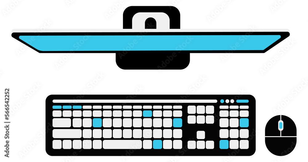 Poster personal computer top view. pc keyboard and mouse