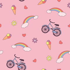 seamless pattern with bicycles and rainbows