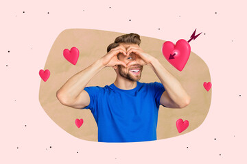 Photo banner of young handsome satisfied man wear blue t-shirt fingers love shape symbol...