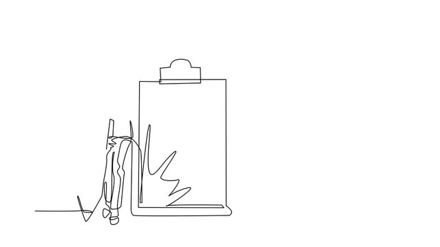 Animated self drawing of continuous line draw businesswoman holding giant pencil looking at completed checklist on clipboard. Effective daily planning, time management. Full length one line animation