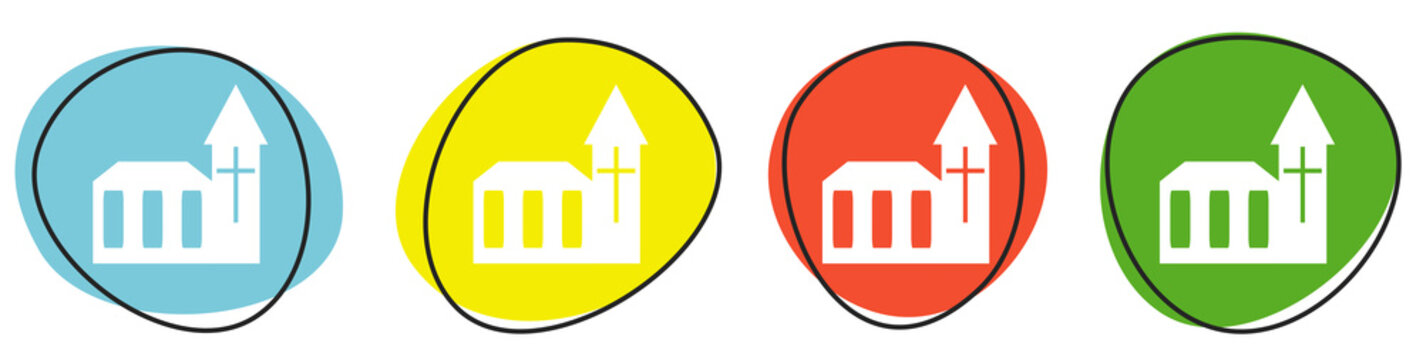 Banner mit 4 bunten Buttons: Kirche, Gottesdienst oder Religion