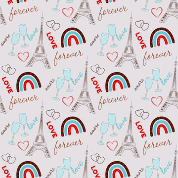 stylish seamless pattern with Eiffel tower, rainbow, hearts and letters