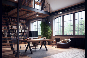 Interior of modern office with wooden walls, concrete floor, comfortable armchair and bookcase. AI generative