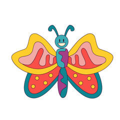 Groovy butterfly. 1970 psychedelic hippie insect. Trippy vintage nostalgia sticker or icon for social media cover decor. Vector illustration.