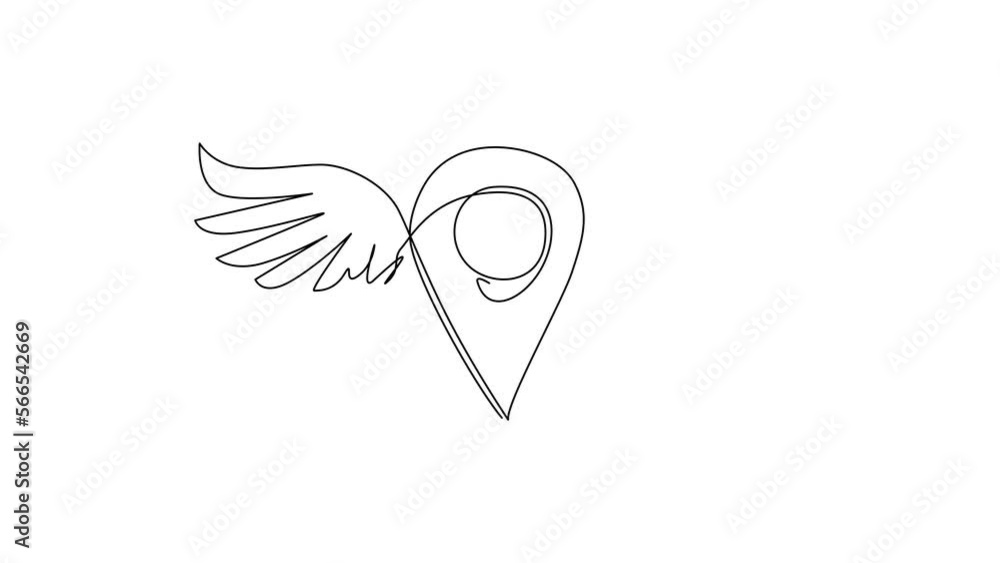 Poster animated self drawing of single continuous line draw winged pin point icon. professional wings and p