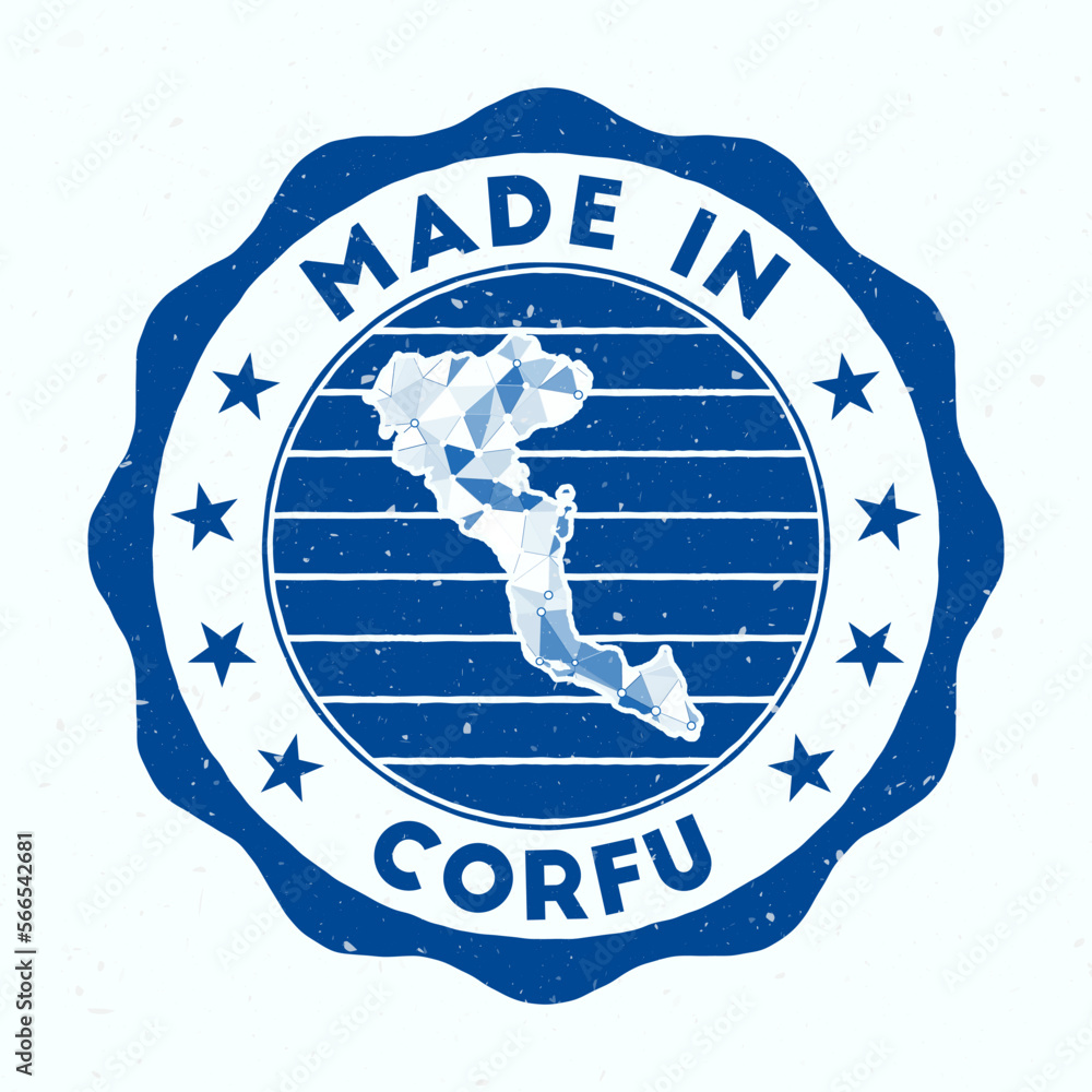 Poster made in corfu. island round stamp. seal of corfu with border shape. vintage badge with circular text