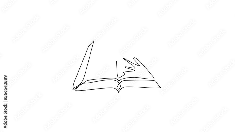 Poster self drawing animation of single line draw open book icon. study, knowledge, library, education, sci