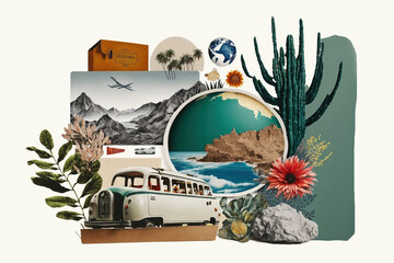 Tourism and travel concept, collage on white background. Generative AI illustration.