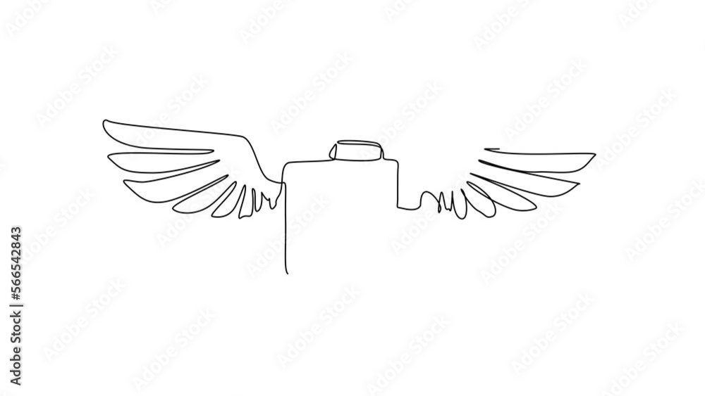 Poster animated self drawing of single continuous line draw briefcase with wings flat icon logo. traveling 