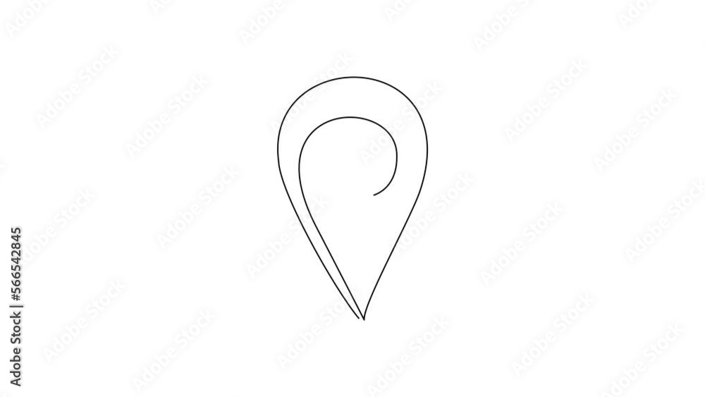 Poster self drawing animation of single line draw pin of map. icon of drop pin. place of location. geo poin