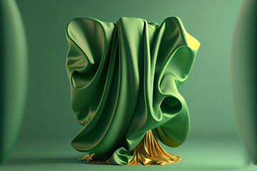 3d render, abstract background, folds of green satin cloth.