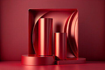 3d render, abstract geometric forms. Glossy red podium for product presentation.