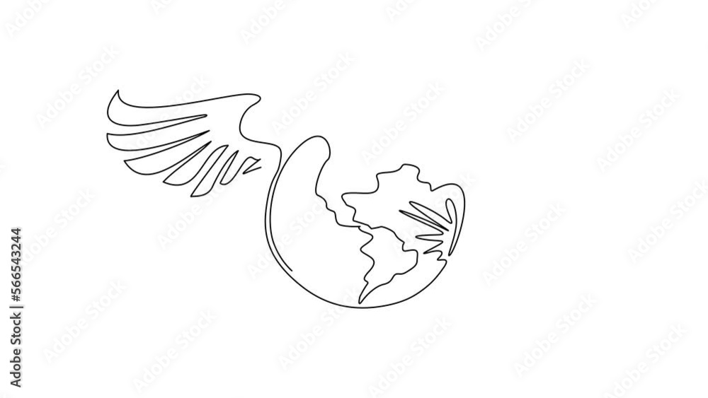 Poster self drawing animation of single line draw winged globe world with logo. travel. stylized earth with