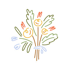 Fototapeta premium Spring flowers bunch. Floral bouquet in lineart style. Abstract creative blooms, delicate gift, wildflowers, colored sketch. Modern flat graphic vector illustration isolated on white background