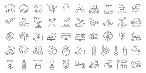 Big set of vector isolated line icons on the theme of ecology, climate, pollution and environmental conservation.