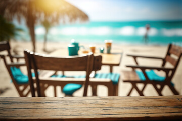 Wooden table top in a beach bar, beach travel resort. Generative AI illustration.