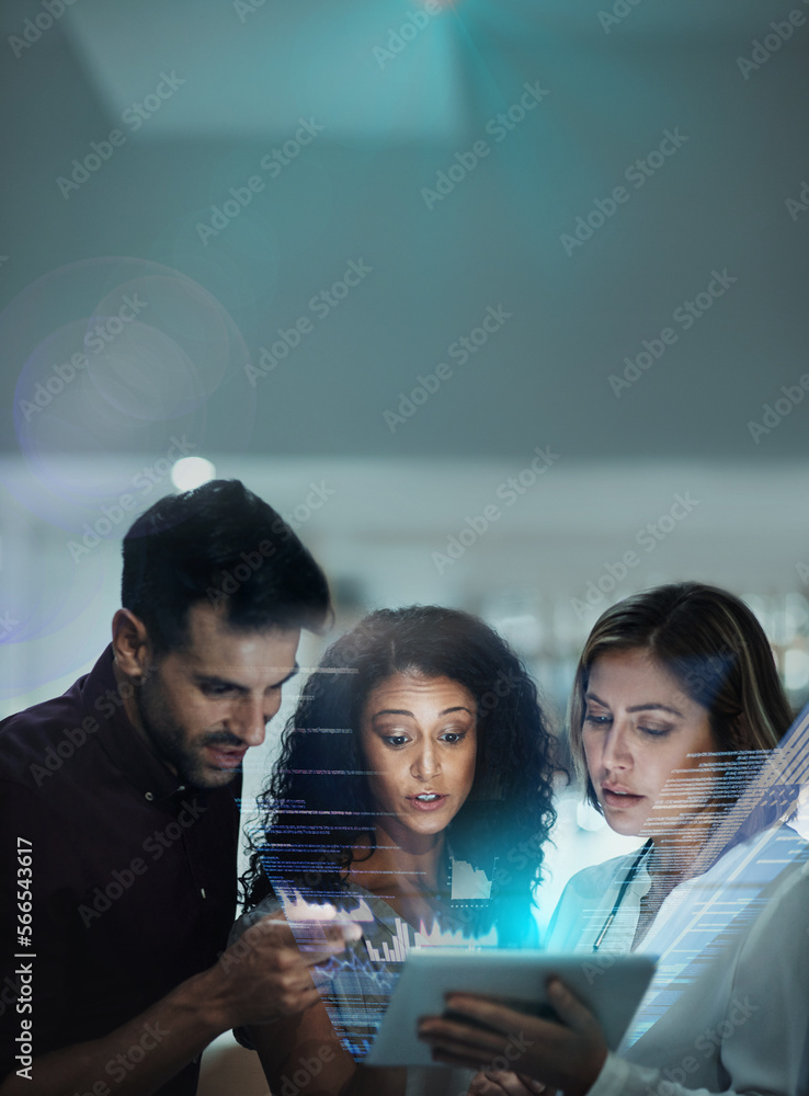 Aufkleber Tech hologram, futuristic overlay and tablet with statistics and investment team planning. Finance hologram, analytics and information technology with employee group working on collaboration