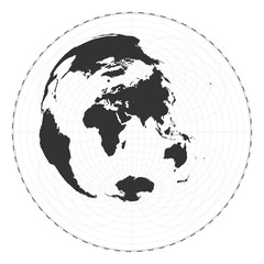 Vector world map. Azimuthal equidistant projection. Plain world geographical map with latitude and longitude lines. Centered to 60deg W longitude. Vector illustration.