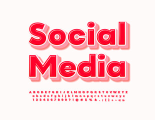Vector bright Sign Social Media.  Modern Creative Font. Red 3D Alphabet Letters and Numbers