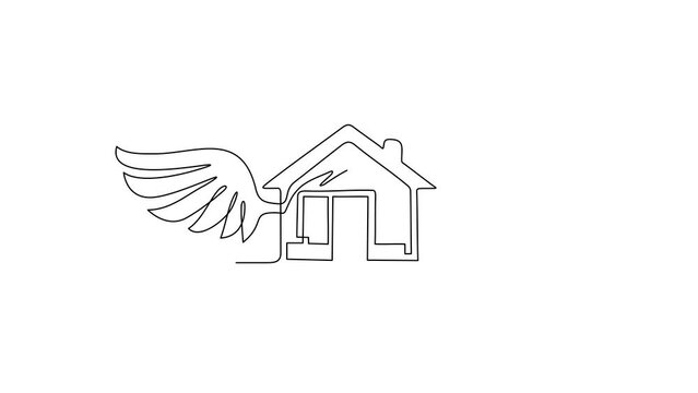 Animated self drawing of continuous line draw flying house logo with wings for any business especially for house business, real estate, architecture, construction, rent. Full length one line animation