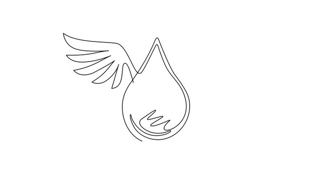Animated self drawing of single continuous line draw water drop cartoon character with wings world water day banner concept. Winged water droplet isolated flat icon. Full length one line animation