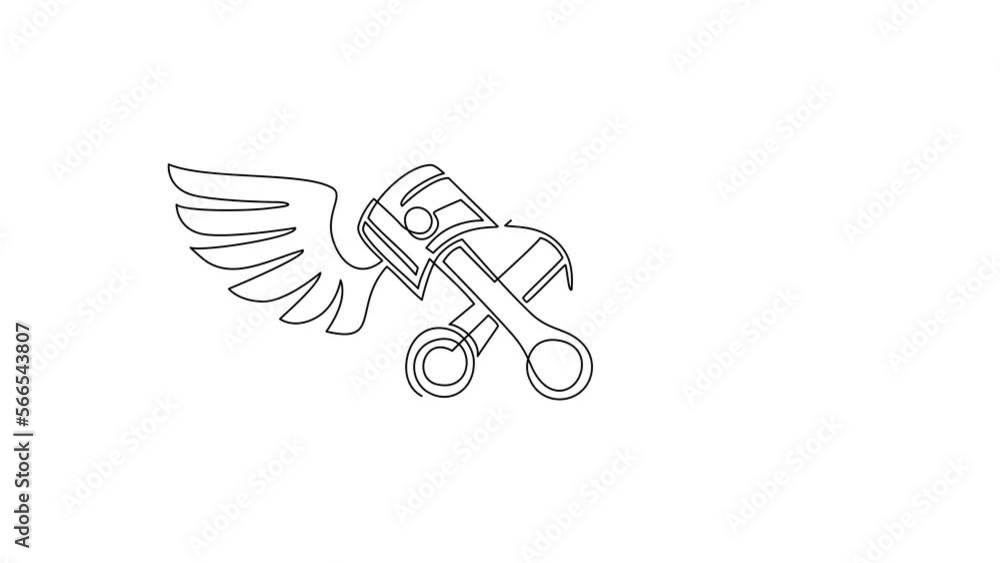 Poster animated self drawing of single continuous line draw two crossed piston with wings icon. advertises 