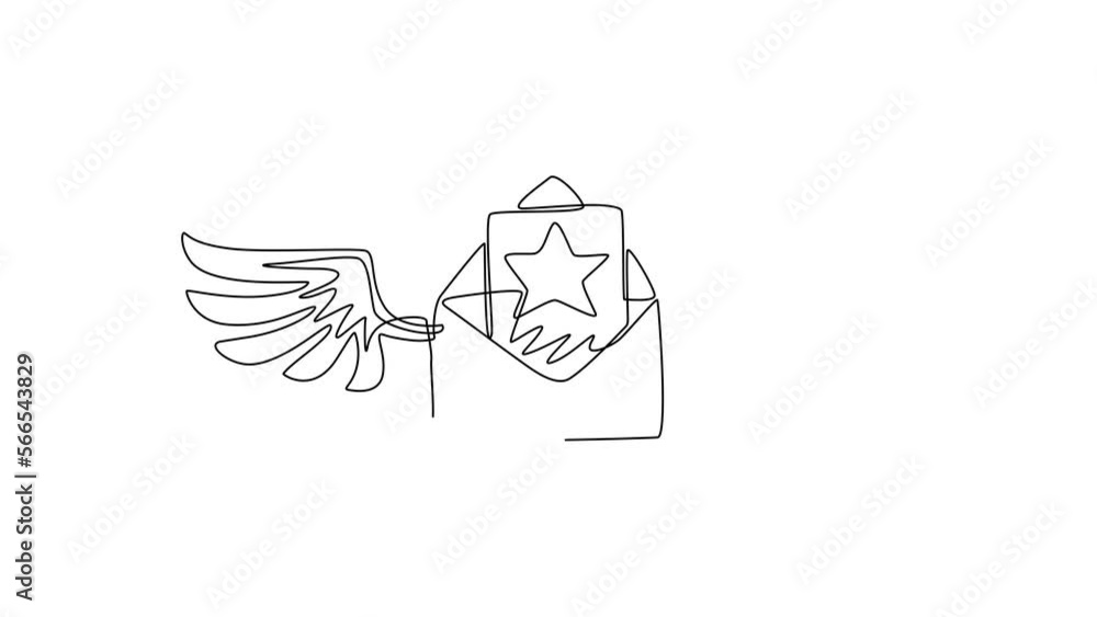 Poster animated self drawing of continuous line draw flying opened mail envelope with star image and wings.