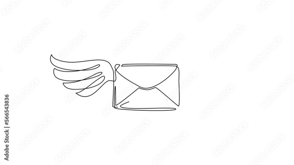 Poster animated self drawing of continuous line draw flying closed mail envelope with wings. not read incom