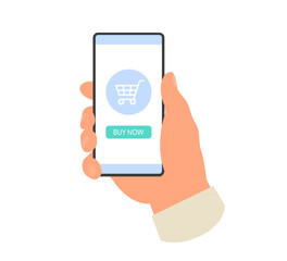 Mobile shopping. Hands holding smartphone with shop app. Flat vector illustration.