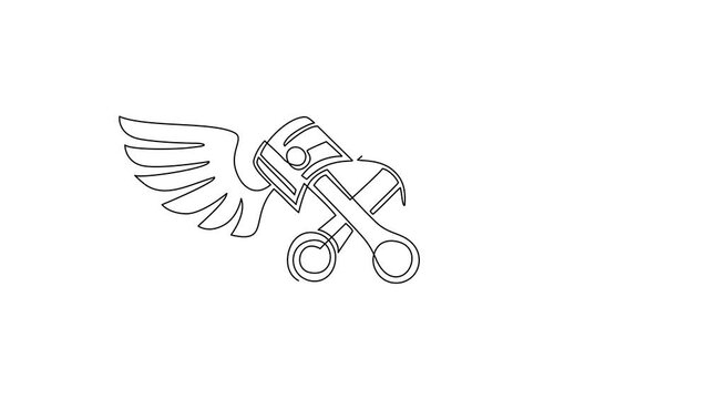 Animated self drawing of single continuous line draw two crossed piston with wings icon. Advertises repair services. Automotive and motorcycle workshop symbol logo. Full length one line animation