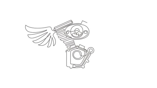 Animated self drawing of continuous line draw motorcycle club logo with motor and wings, bikers club logo, custom motorcycles service icon. Motorcycle engine with wings. Full length one line animation