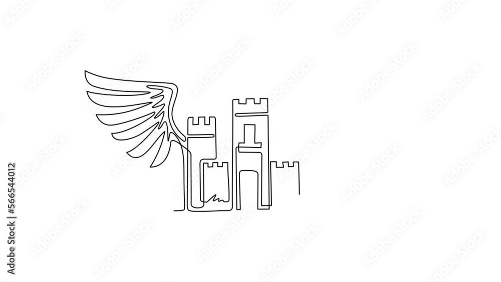 Poster self drawing animation of single line draw ancient castle with wings. heraldic coat of arms decorati